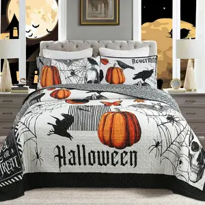 3PCS Halloween Themed Quilt Bedspread Set for Home Decor Pumpkin Pattern Polyester Quilted Quilt Set Queen/King Festival Bedding Set ,Soft Durable 100% Polyester Fabric Reversible Design Machine Washable Perfect Gift Idea
