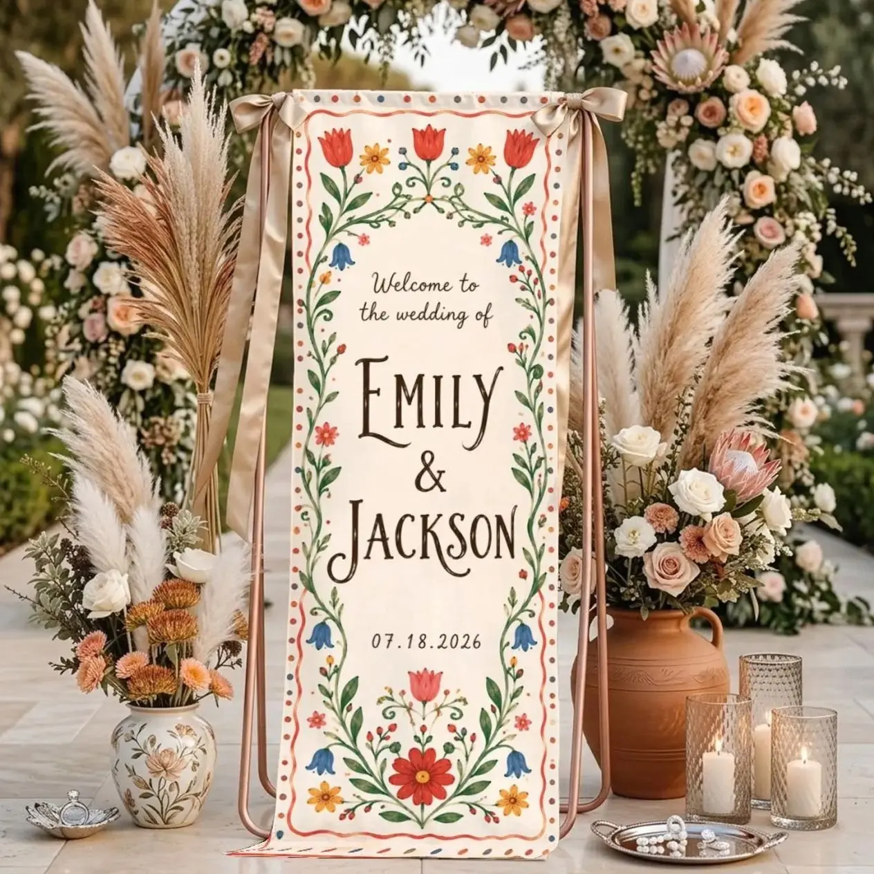 Personalized Folk Art Wedding Banner, Wedding Microfiber Welcome Sign, Floral Wedding Tapestry