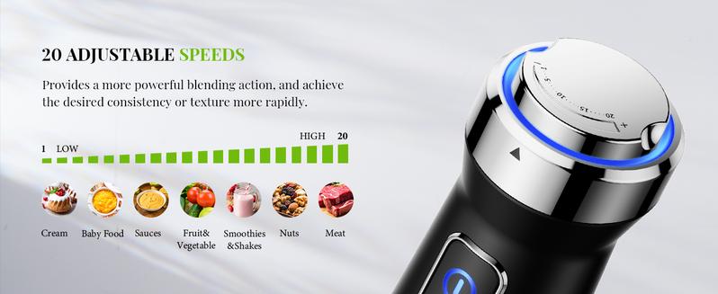 GDOR 1000W Immersion Hand Scratch Resistance Blender with 20 Speed & Turbo Mode, Dough Hooks, Beaker, Chopper & Titanium Blades, Portable Design