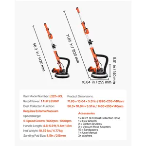 VEVOR Drywall Sander, 850W Electric Drywall Sander, Popcorn Ceiling Removal Tool with 5 Variable Speed 800-1700 RPM, Double-Deck LED Light, Foldable Extendable Handle, 15 Sanding Discs, Dust Hose