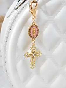 Cross Pendant Keychain with Pearl and Diamond Charm, Bag Accessory, Wallet Decor, Car Decoration, All Seasons Casual Style
