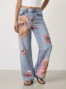 Cupid Puppy Graphic Jeans Y2K Wide Leg High Waisted Denim Pants Cute Dog Print Baggy Jeans Women Aesthetic Heart Streetwear Valentine Outfit