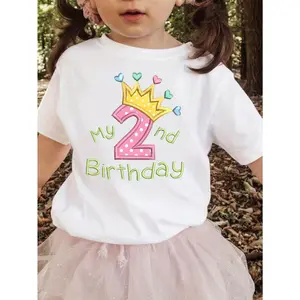 2-Year-Old Girl 1st Birthday Celebration Graphic T-Shirt - Soft Stretchy Knit Fabric, Short Sleeve Casual Summer Top for Girls, Round Neck, Machine Washable, Birthday Girl Outfit, Playful Kids Fashion, Medium Elasticity Fabric
