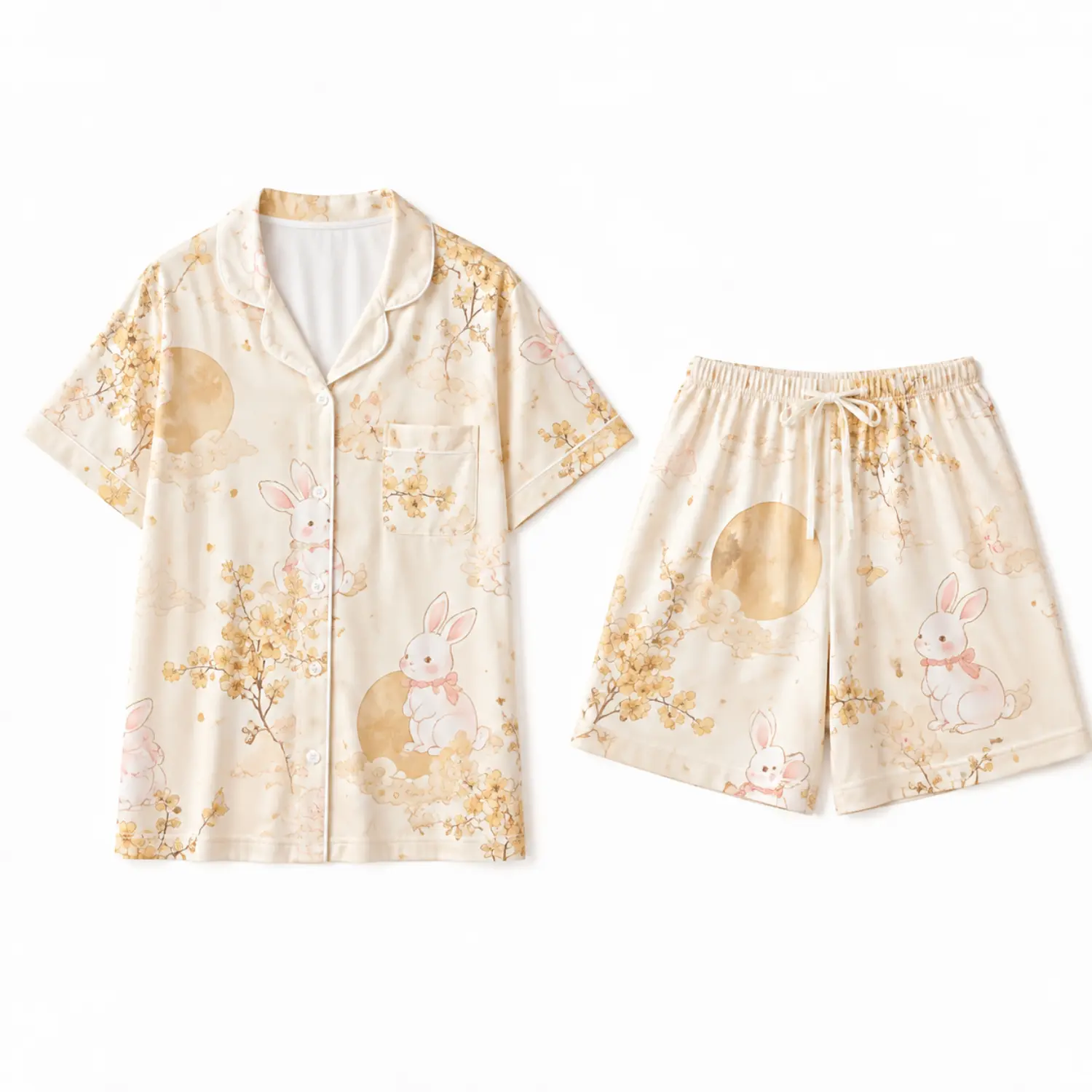 Cream Rabbit Floral Moon Print Pajama Set with Short-Sleeve Button-Front Shirt and Drawstring Shorts