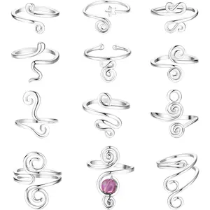 FINREZIO 12 Pcs Silvery Cute Adjustable Toe Rings for Women Men Open African Toe Rings Copper Jewelry Set for Summer Beach Foot