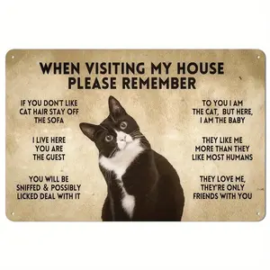 Funny Tuxedo Cat Rules Metal Sign, When Visiting My House Please Remember, Black Cat Apartment Decor For Cat Lover, Retro Room Decor Caution Sign