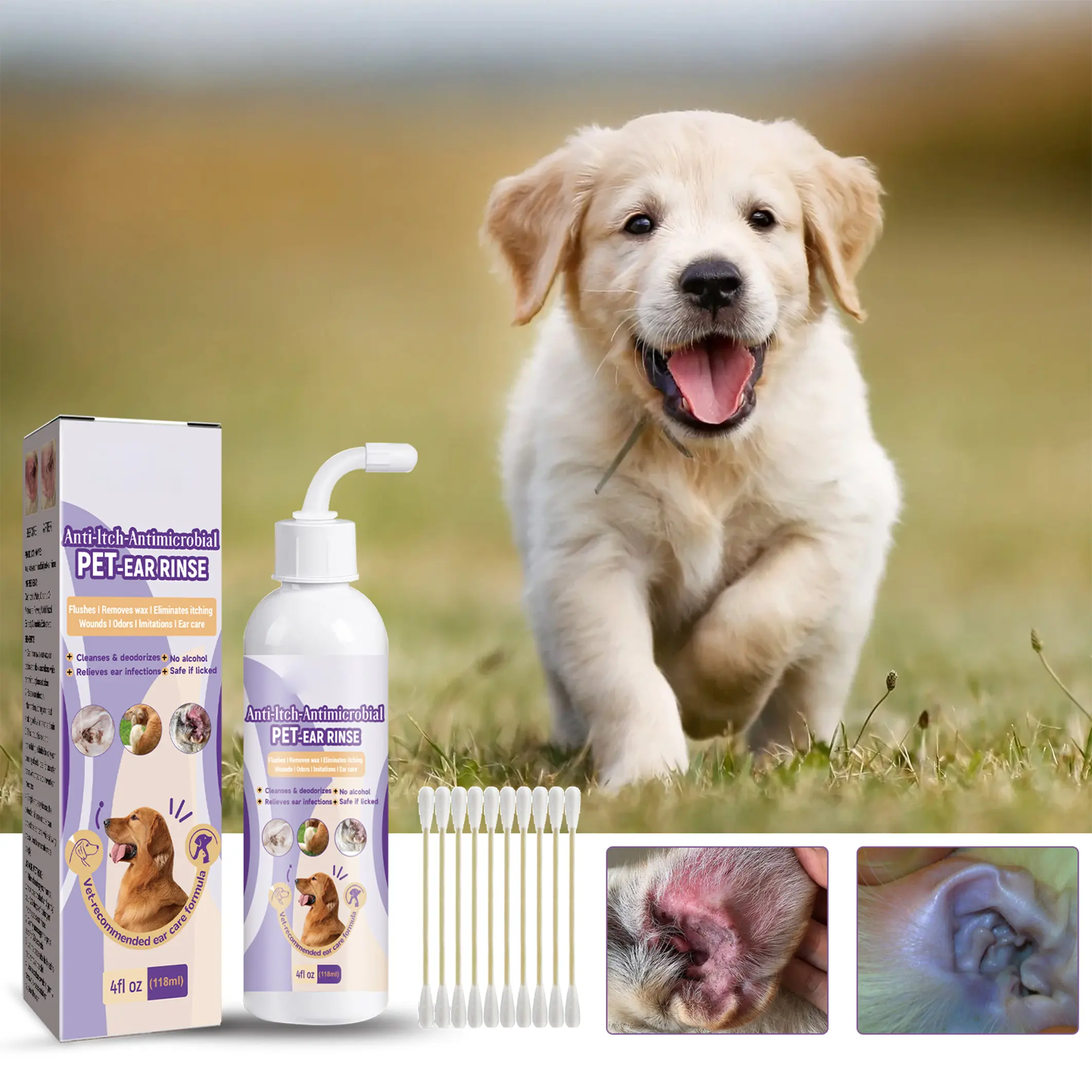 Safe Gentle Pet Ear Wash for Dogs & Cats - Alcohol-Free Ear Cleaner with Cotton Swabs
