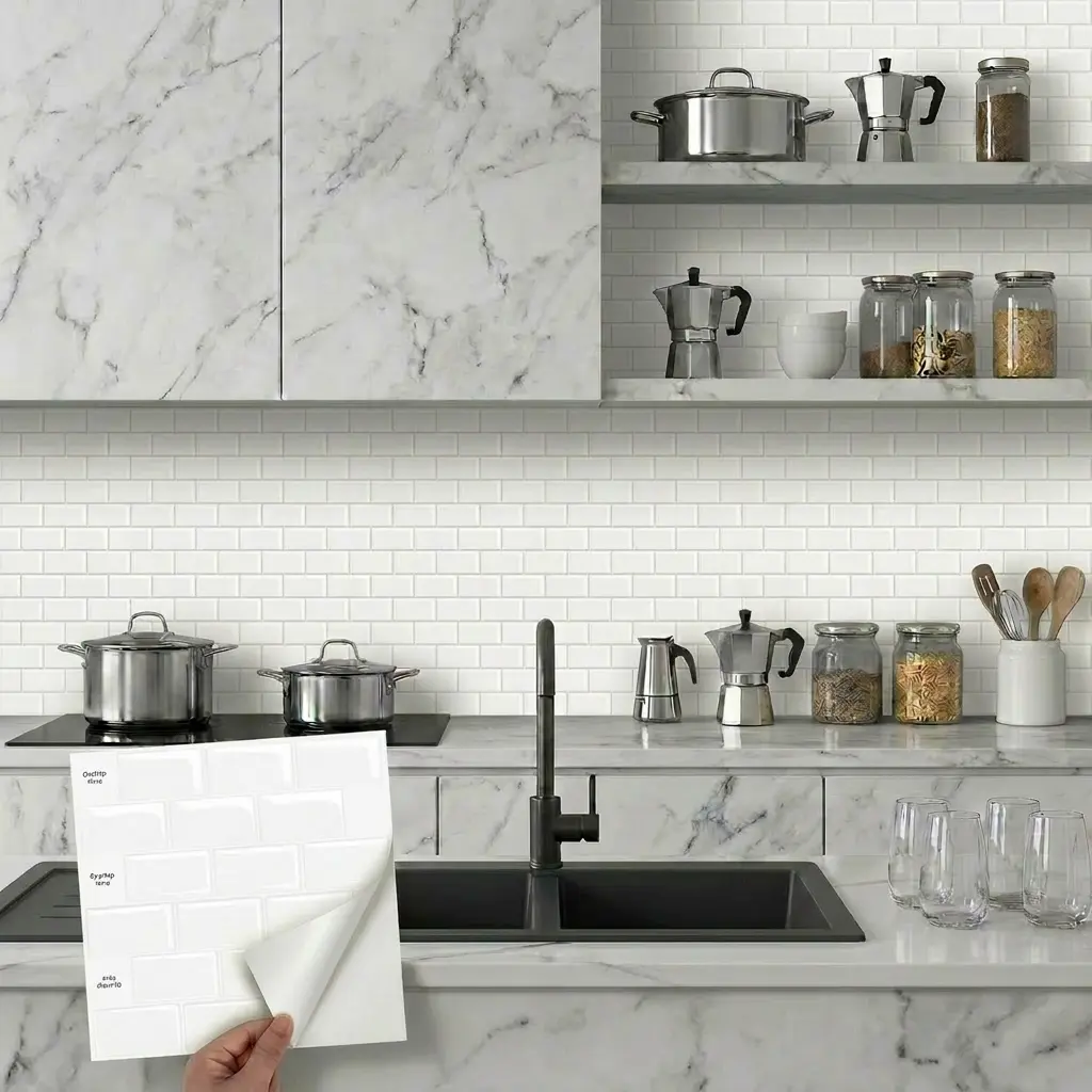 12x12 in Glossy Self-Adhesive 3D White Tile Sticker Set - Smooth, Waterproof, Oilproof, Heat-Resistant, Removable Peel-and-Stick Backsplash Wallpaper for Kitchen, Bathroom Home Decoration