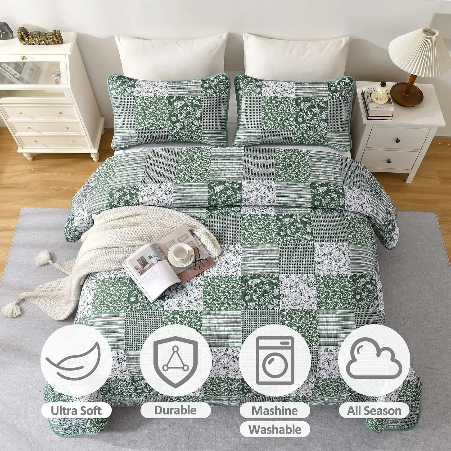 Green Set Twin Size, 2 Pieces Floral Bedspread Set Patchwork Reversible Bedding Set Microfiber Lightweight Bedspread Coverlet Set for All Season 68"x86" Green Set Twin Size, 2 Pieces Floral Bedspread Set Patchwork Reversible Bedding Set Microfiber Lightweight Bedspread Coverlet Set for All Season 68"x86"