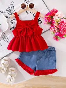 Baby Girl 2-Piece Set, Large Bow Tie Waist Back Button Front Princess Tank Top, Sleeveless Shirt and Patchwork Colorblock Jeans Shorts, Summer Gift Set