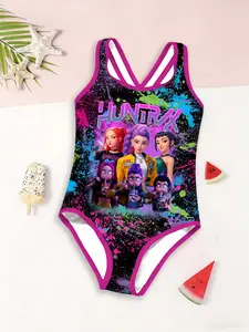 Girls Kpop Demon Hunters One-Piece Swimsuit, Graffiti Print Cartoon Anime Design, Cross-Back Straps, Beach Vacation New Swimwear