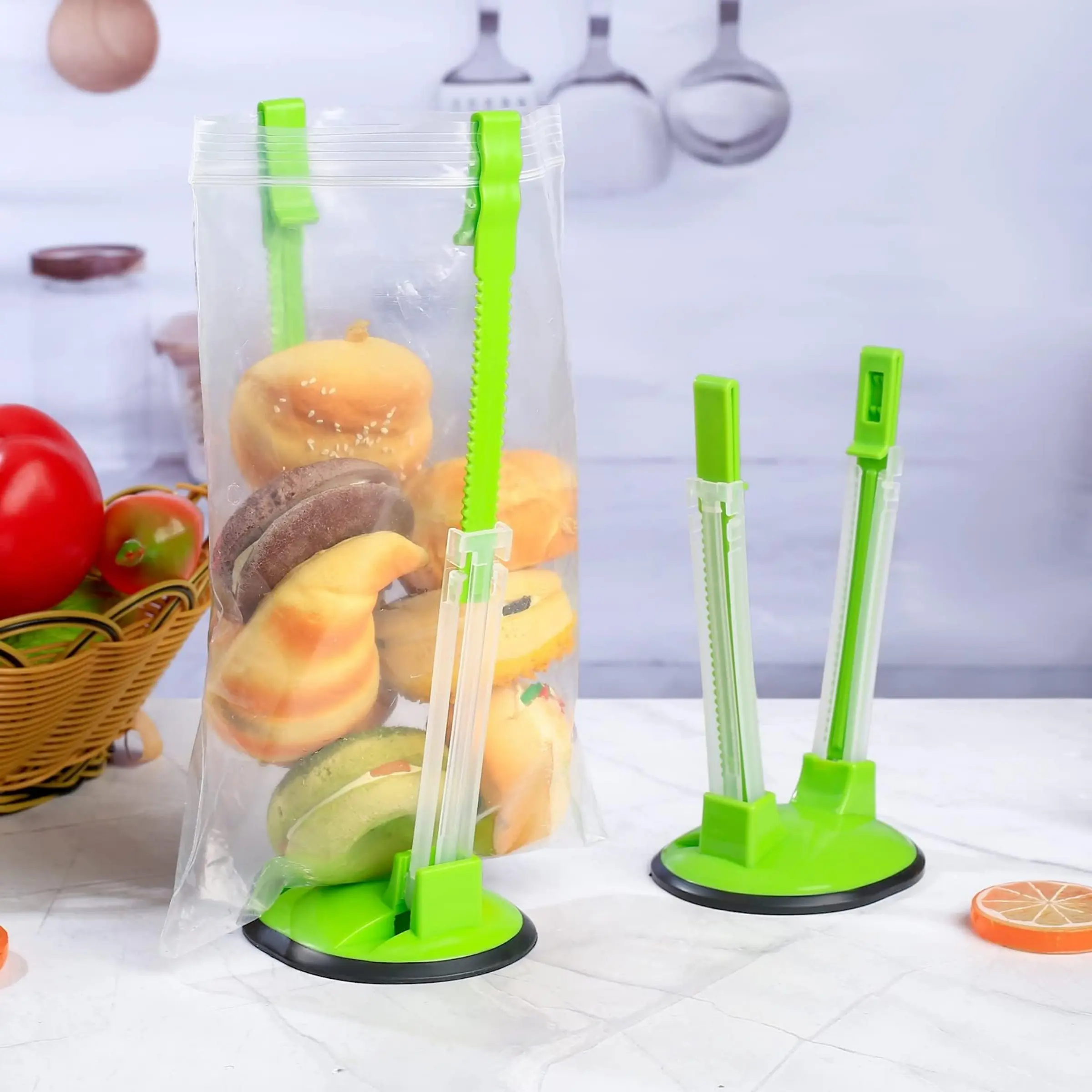 Baggy Rack Hands-Free Clip Food Storage Freezer Baggy Holder,Bag Holder For Plastic Bags Stand/Pack of 2 Green