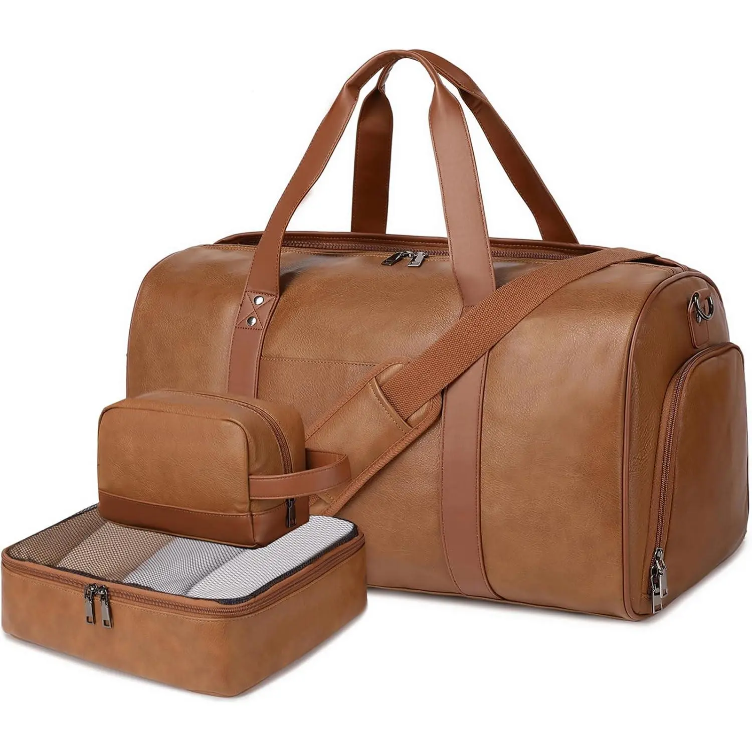 3 count Faux Leather Weekender Bag for Women Men Large Overnight Bag Travel Duffel Bag with Shoe Compartment Toiletry Packing Cube Carry On Bag Fit 21" Laptop(Light Brown)