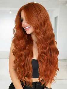28 Inch Long Ginger Wig, Synthetic Fiber Auburn Color, Long Wavy Wig, Body Wave Wigs for Women, Natural Middle Part, Daily and Party Use