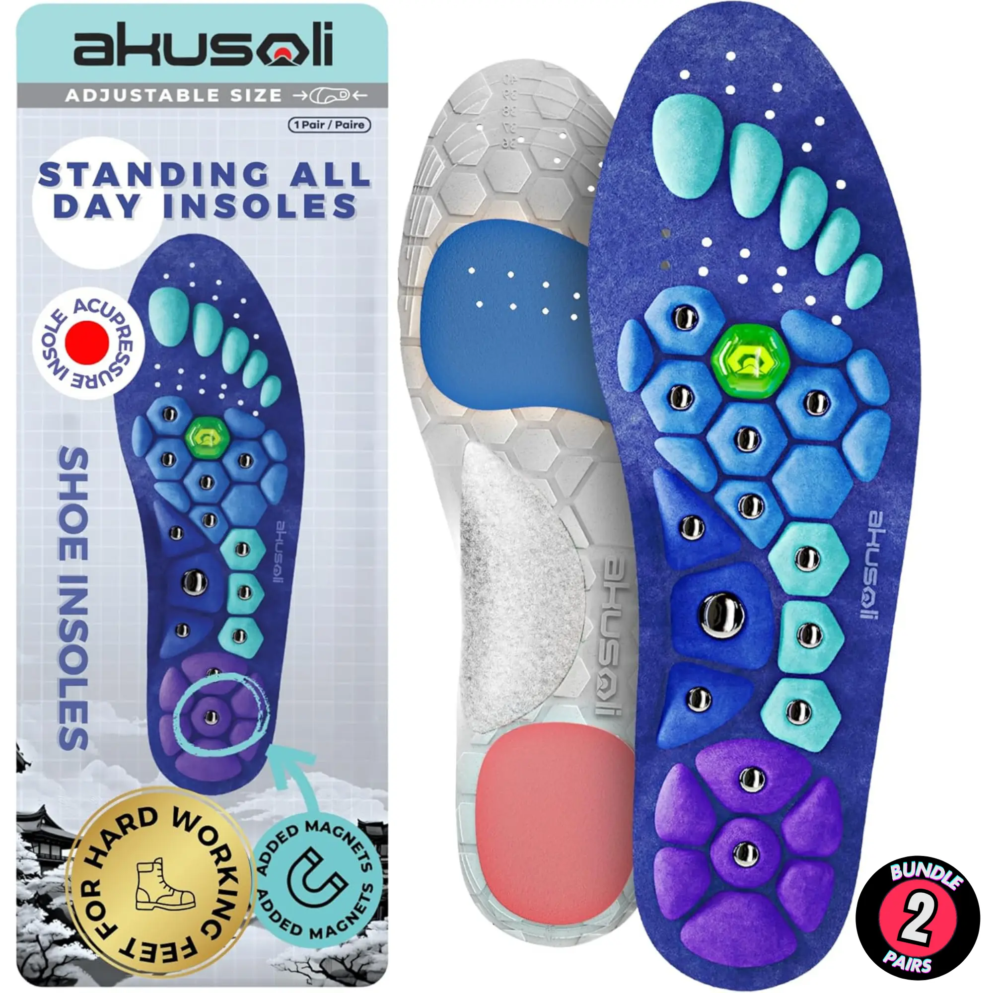 Akusoli 2-Pair Heavy Duty Arch Support Insoles for Men and Women, Shock-Absorbing Work Boot and Running Shoe Inserts for Standing, perfect for users over 220 lbs, reduce plantar fasciitis pain