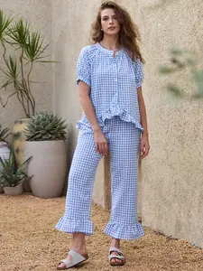 INSPIRE CHIC Plaid 2pcs Pajamas Sets for Women Cute Gingham Short Sleeve Babydoll Shirt Pants Pajama Lounge Set