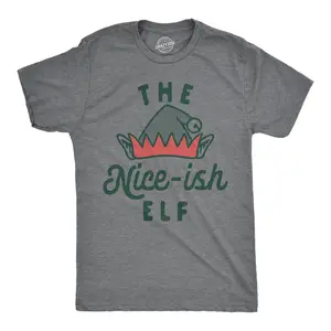Mens The Nice Ish Elf T Shirt Funny Good Behavior Xmas Elves Joke Tee for Guys Mens Funny T Shirts Cool Vintage Fashion T-Shirt Gift Classic Menswear Christmas Apparel for Men Funny Sarcastic Short Sleeve Dark Grey