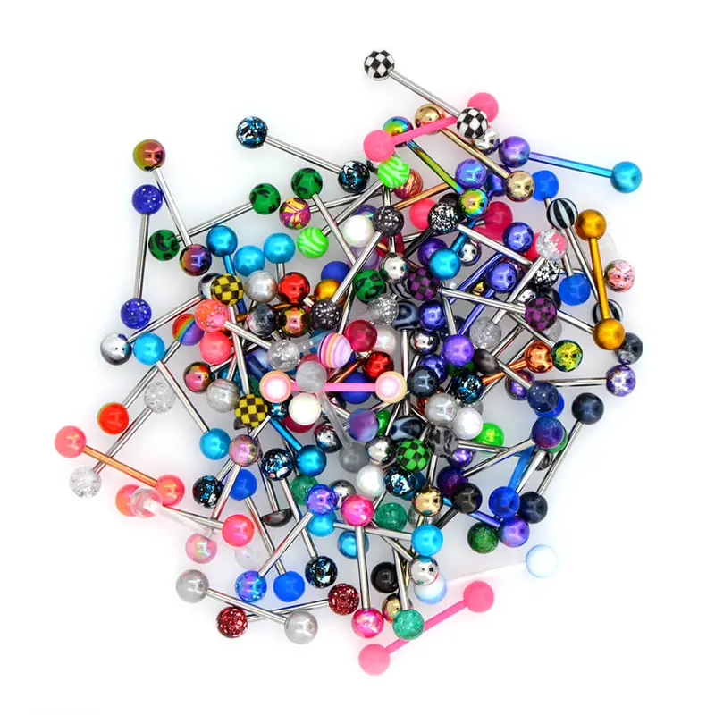 Oufer 14G 100PCS Tongue Ring Ball Colorful Acrylic Tongue Barbells Random Colors 316L Stainless Steel External Threaded 16mm Bar Length - Vertical Labret Jewelry