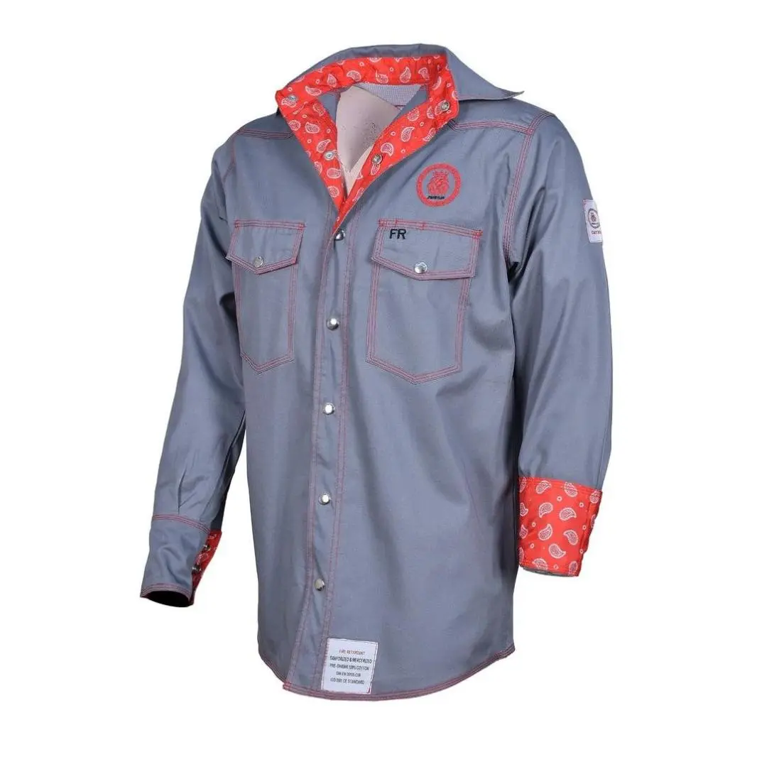 ProWeldz Tara Gray Paisley FR Shirt - Flame Resistant Men's Professional Workwear Uniforms, Casual Garment Clothes with Red Paisley Trim, Safety Pockets, Durable Fabric