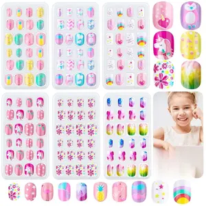 Thrilez 144 Pieces Press On Nails for Girls Kids Rainbow Sky Fake Artificial False Nail Tips Pre Glue Full Cover Short Acrylic Nails with Unicorn Flowers Pineapple Patterns
