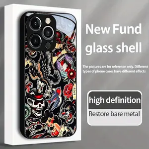 High-end fashion tattoo style pattern series glass shell design suitable for iPhone17 16 15 14 13 12 11Pro Max dedicated mobile phone case, anti-fouling, simple