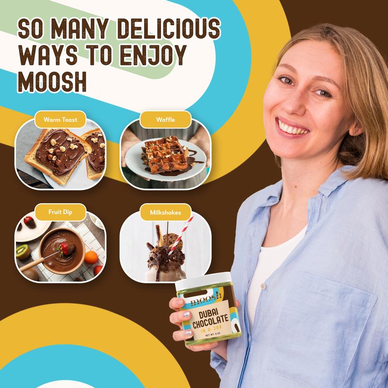 Moosh Dubai Chocolate Jar – Pistachio & Kataifi Chocolate Dessert Spread & Snack, Perfect by the Spoon, for Toast, Pastries & Candy Making (8 oz)