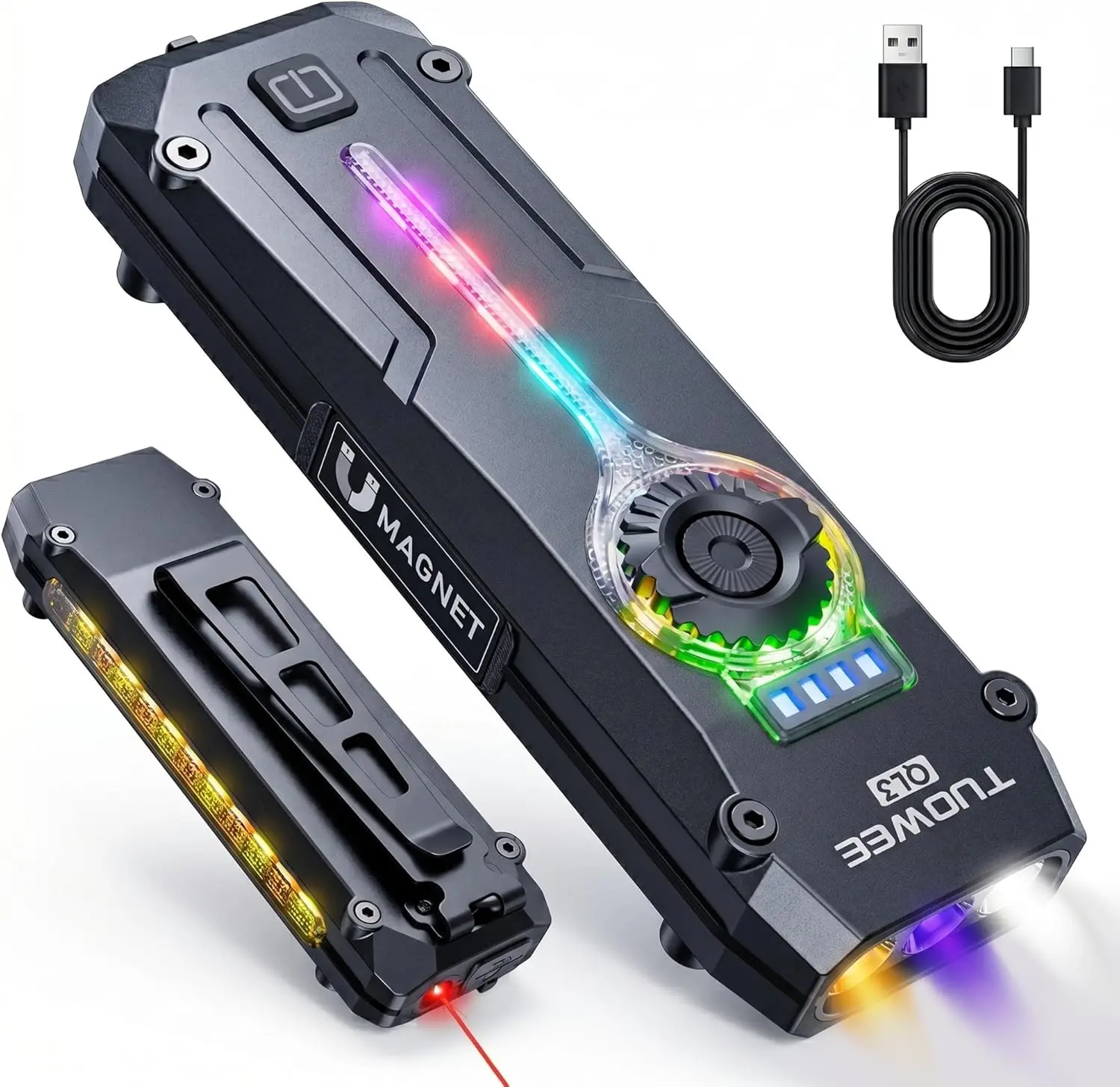 TUOWEE QL3 UV Flat Multifunctional High Lumens EDC Flashlight - Rechargeable 1800 Lumens Pocket Light, RGB, Magnetic Base, Dual Switch, Stepless Dimming, USB-C Waterproof Work Torch (Work Accessories, EDC Items, Emergency Backup Standard Torches)