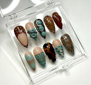 Hand Painted Tortoise And Teal Press On Nails: Silver Chrome, Reusable Luxury Design