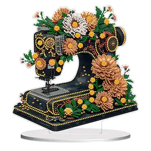 2D Flat Flower Sewing Machine Print DIY Diamond Painting Tabletop Ornaments Kit Table Top Diamond Painting Ornament Kits 5D DIY Diamond Art Tabletop Decorations for Home Office Desktop Decor