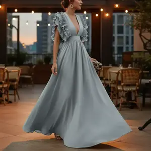 Women's Summer Solid Color V Neck Flutter Sleeves Backless Maxi for Party or Evening Wear Short Off the Long Knit Chic Cross Halter Elegant Daily Casual Comfy Lantern Cocktail Dress Sweetheart Plaid Square Flare Sleeve A-Line Midi Dress Sexy Strapless