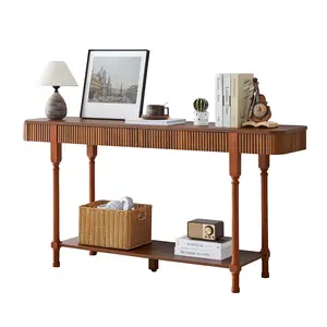 Giratree 62.99” Console Table with 2 Drawers, Retro Entryway Table with Fluted Panel & Storage Shelf, Narrow Wood Behind Couch Sofa Table for Living Room, Foyer, Hallway