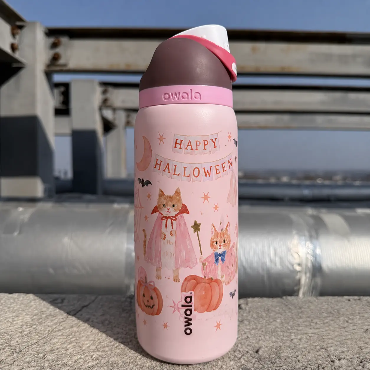 Owala FreeSip 24oz 32oz Insulated Water Bottle with Cute Halloween Pumpkin Cat Print Stainless Steel Reusable Bottle with Straw Lid Leak-Resistant for School Work Gym Travel