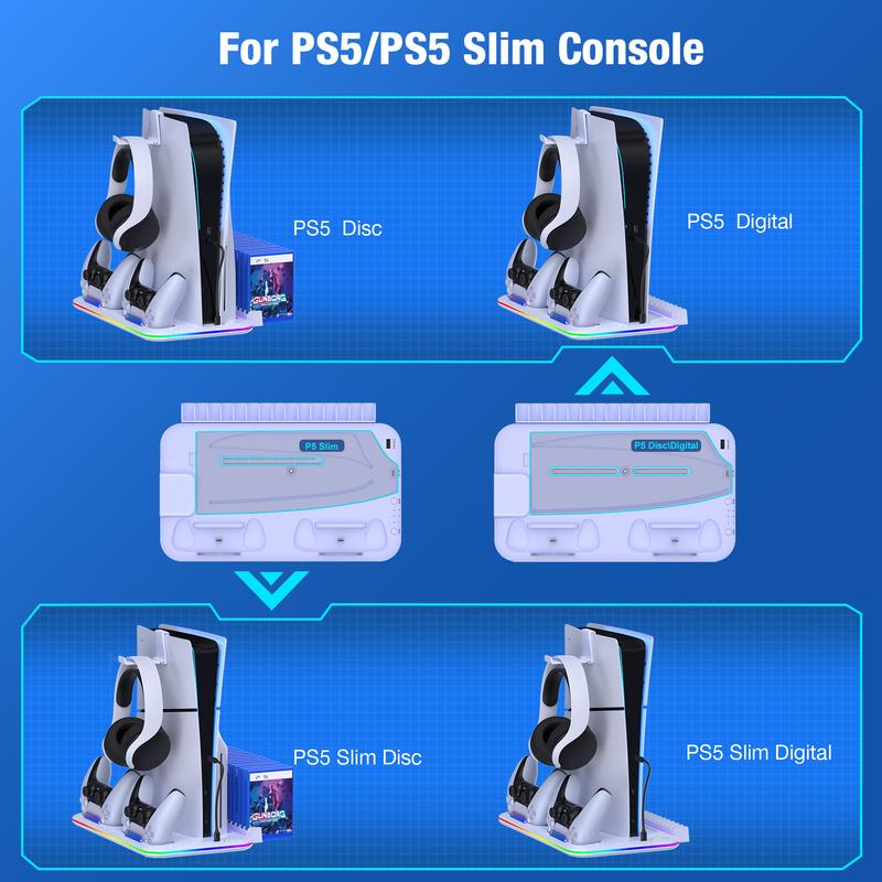PS5 Stand and Cooling Station with Controller Charging Station for PS5 Slim, PS5 Accessories 3 Levels Cooling Fan, RGB Light, 15 Game Storage, Headset Holder for Playsation 5 Digital/Disc