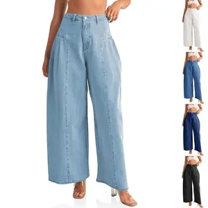 Womens Baggy High Waisted Jeans Loose Boyfriend Wide Leg Side Pleated Denim Pants M1T305(Sheets)
