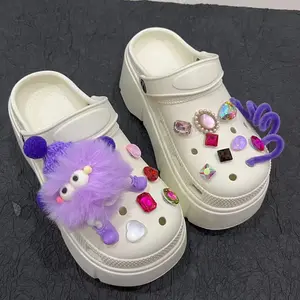 Lovely Purple Fur Ball Lady Summer Platform Sandal Shoes 2025 New Eva Soft Lady Outdoor Clogs Outfit