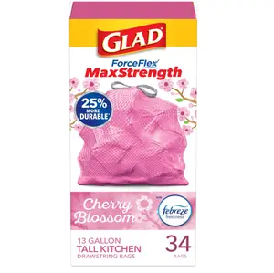 Glad 13 Gal ForceFlex MaxStrength Tall Kitchen Drawstring Cherry Blossom with Febreze Pink Trash Bags (34-Count),13 gallon kitchen trash bags,grips-the-can drawstring,forceflex stretch,rip and tear resistant,odor lock,cherry blossom scent,pink bags,strong