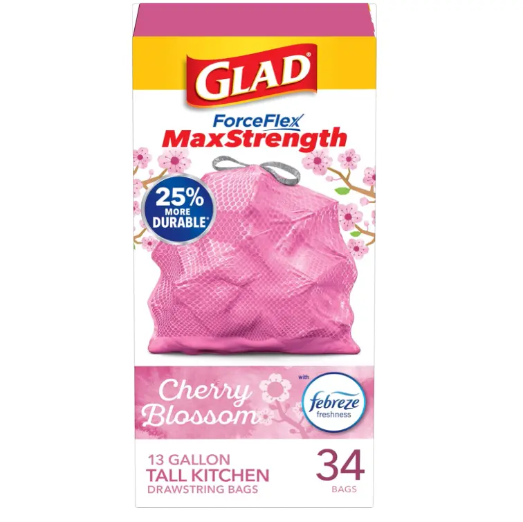 Glad 13 Gal ForceFlex MaxStrength Tall Kitchen Drawstring Cherry Blossom with Febreze Pink Trash Bags (34-Count),13 gallon kitchen trash bags,grips-the-can drawstring,forceflex stretch,rip and tear resistant,odor lock,cherry blossom scent,pink bags,strong