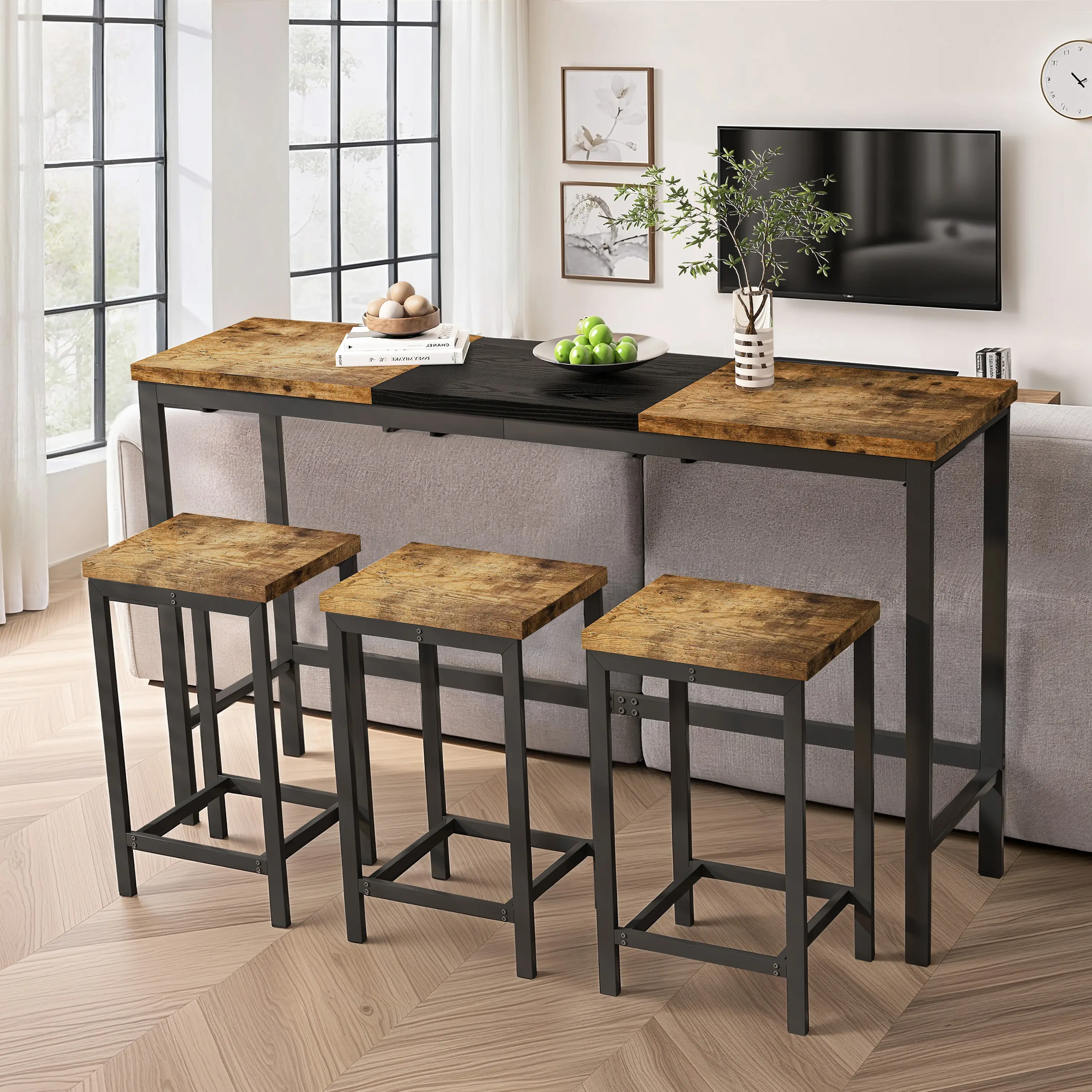 Bellemave Modern Rectangular Top Kitchen Dining Table Set with 3 Hanging Stools, 3 Seats, Compact MDF-Metal Frame, Sturdy MDF Panels, Space-Saving Design, Easy Setup & Assembly, Three Seats