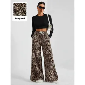 Women's Solid Color Long Sleeve T-Shirt & Leopard Print Wide Leg Pants Outfit Set, Festival, Casual Comfortable Round Neck Top