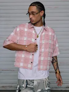 Men's Plaid Woven Short Sleeve Crop Shirt Fitted, Summer American Street Style Letter Print, Casual Fashion Trendy Outdoor Campus Daily Wear