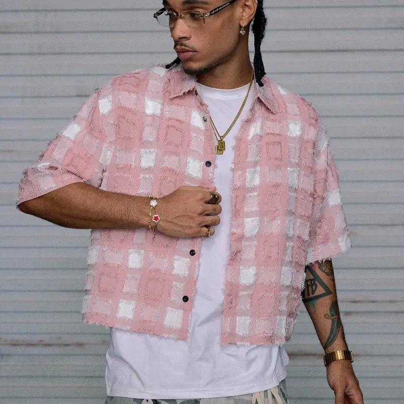 Men's Plaid Woven Short Sleeve Crop Shirt, Casual Checkered Shirt, Summer American Street Style Letter Print, Casual Fashion Trendy Outdoor Campus Daily Wear, Casual Stylish Clothing