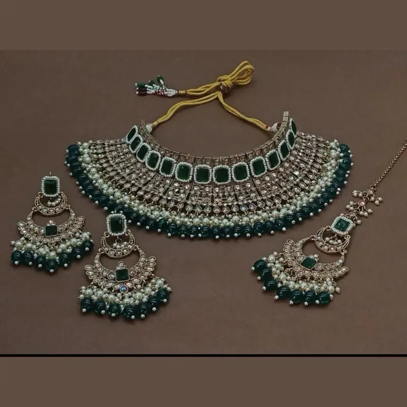 Emerald Green faux Stone Work Bridal Set - Teeka, Earrings & Choker Necklace with Beads & Pearls, 4 Piece Gold Plated Collection