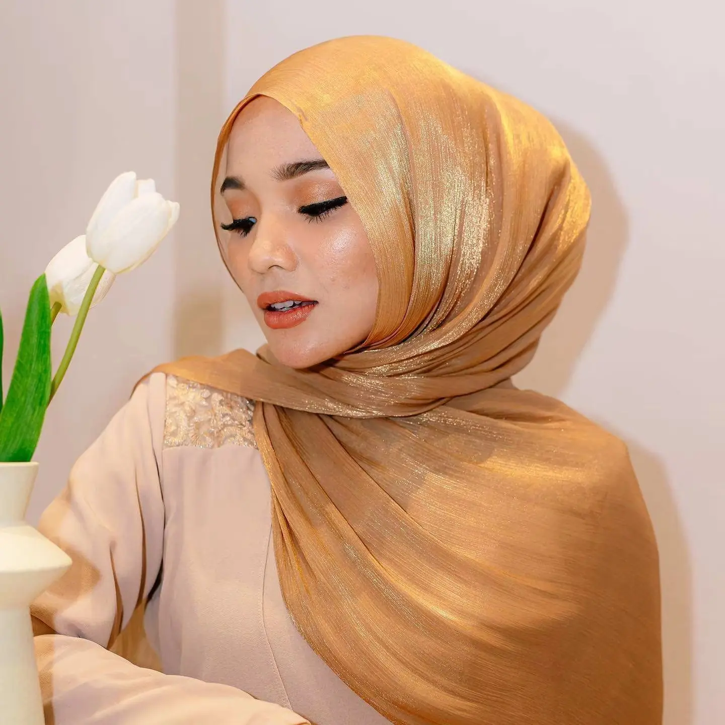 Glimmer Satin Silk Crinkle Shawl Lightweight Glitter Hijab Muslim Women Scarf