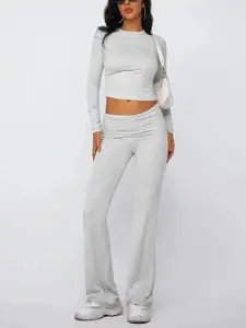 2026 Two-piece Set Women's Pants Set, Casual Longsleeves Crop Tee & Fold Over Waist Flare Leg Pants Set, Outfit Sets for Women, Ladies Summer Two-piece Outfits Clothing for Daily Outdoor Wear, Matching Sets for Women, Elegant Two Piece Sets
