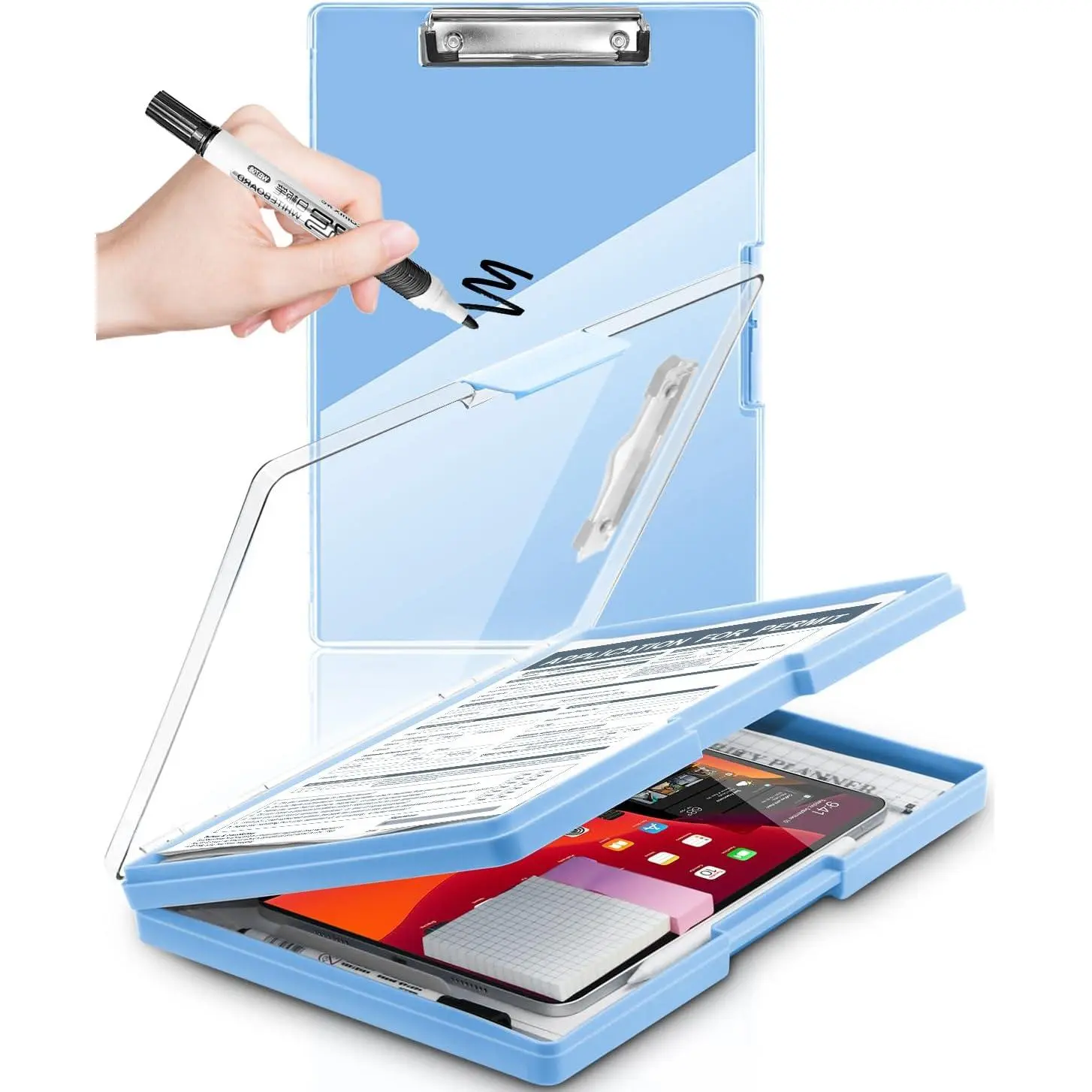 Clearview Heavy Duty Clipboard with 2 Storage Compartments, Dry Erase 8.5x11 Clip Board for Drivers - 9.44"w x1.45"d x13.38"h Plastic Clip Case, Pen Holder, Side Opening, Ample Space for Storage, Blue Clearview Surface