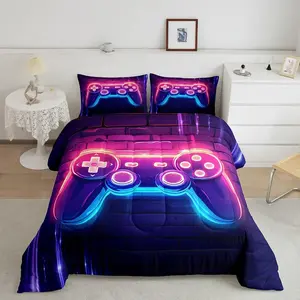 Gamer Designer Comforter Set,Pink Purple Gamer Luxury Queen Size Bedding Set,Modern Gaming Comforter,Game Room Decor Duvet Set