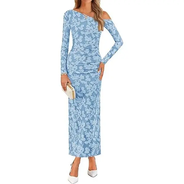 ZESICA Women's Fall Floral Off Shoulder Wedding Guest Dresses | 2026 Long Sleeve Bodycon Maxi Dress, Ruched Waist, Elegant for Cocktail Party Formal Dinner, Baby Shower Long Dresses