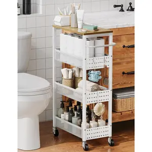 Utility Slim Storage Cart, 4-Tier Narrow Bathroom Organizers and Storage Cart, Narrow Metal Kitchen Laundry Room Organization Shelf with  Top, Slim Rolling Carts with Wheels for Small Space