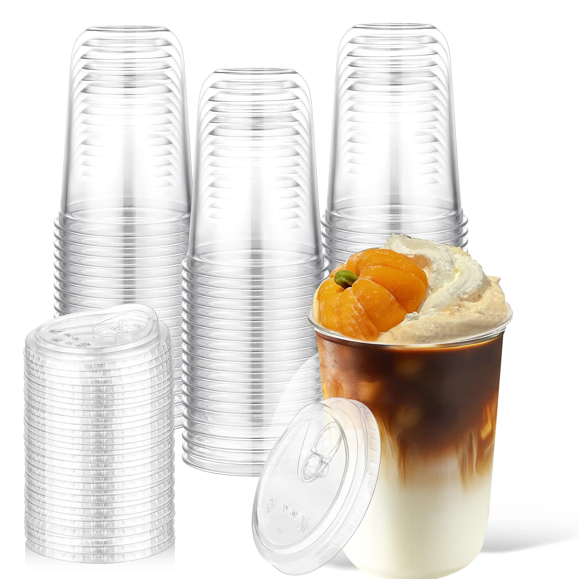 50 Pack 12oz（354.84ML)/16oz(473.12ML) 2sizes Disposable Iced Coffee Cups with Strawless Lids Clear Plastic Cups with Sip Lids for Party Wedding Cateri