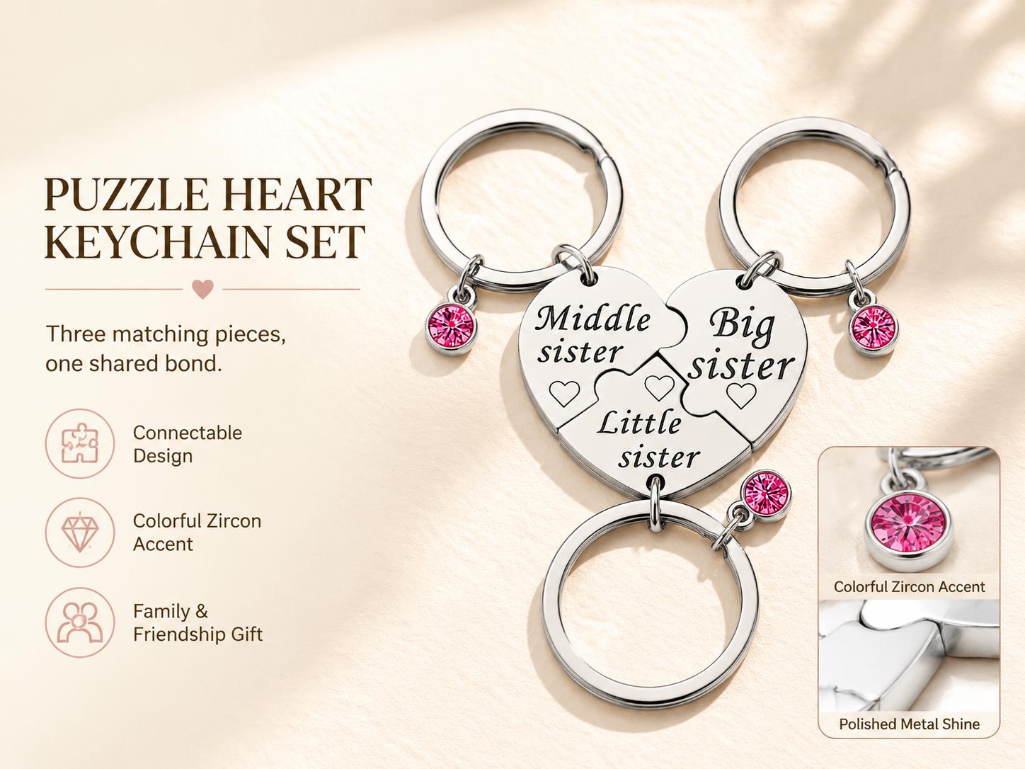 3PCS - Sister Keychain Set Gift for Big Middle Little Sisters Birthday Graduation Christmas Sisters Day Gifts - Stainless Steel Puzzle Heart Keyring with Pink Crystal Charm, Matching Sisterhood Gift - Veyla 3PCS - Sister Keychain Set Gift for Big Middle Little Sisters Birthday Graduation Christmas Sisters Day Gifts - Stainless Steel Puzzle Heart Keyring with Pink Crystal Charm, Matching Sisterhood Gift - Veyla